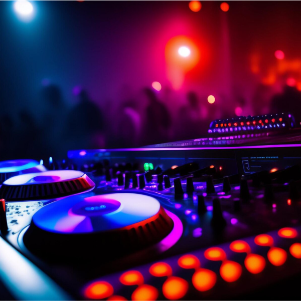 Consola de DJ con luces neón en morados y rojos